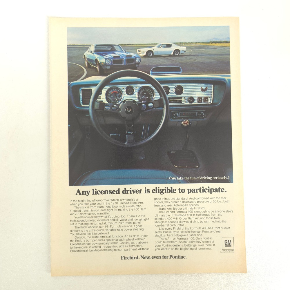 Pontiac Firebird Trans Am Formula 400 Print Ad 1970 Vintage Car Show Display